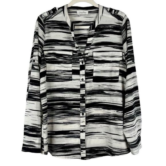 Calvin Klein Black White Double Front Pocket Blouse Medium - Picture 1 of 10